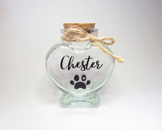 Pet fur hair jar heart glass bottle memorial keepsake for dog or cat