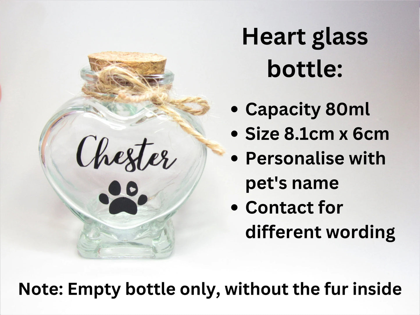 Pet fur hair jar heart glass bottle memorial keepsake for dog or cat