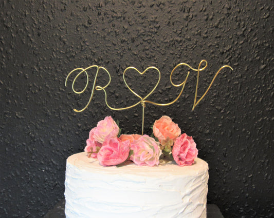 Custom Initials Wedding Cake Topper with a heart calligraphy font