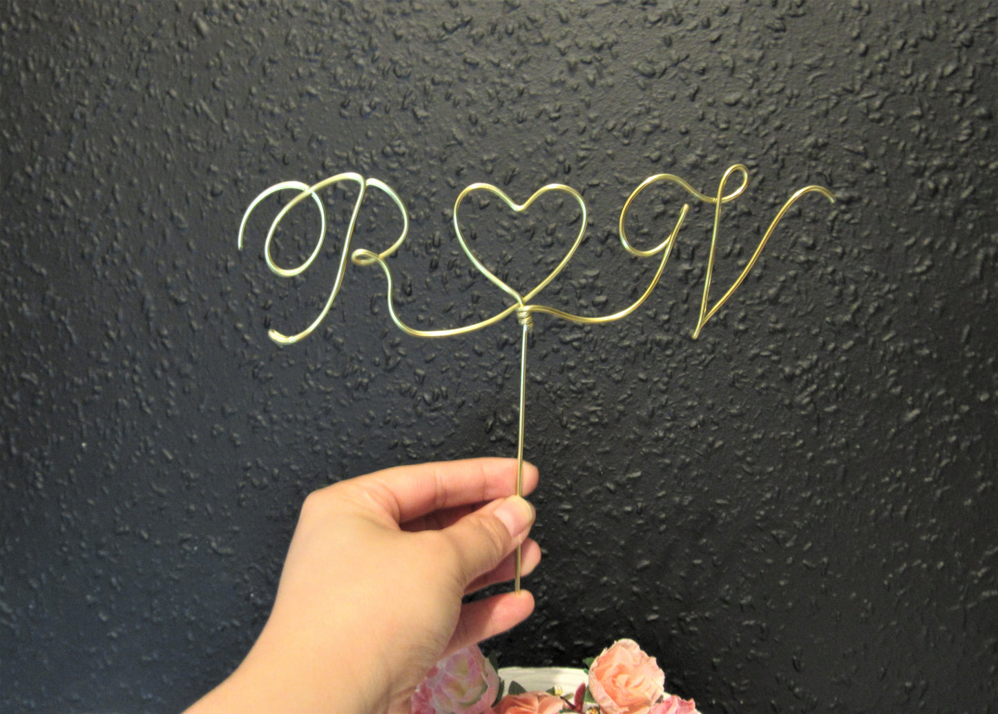 Custom Initials Wedding Cake Topper with a heart calligraphy font