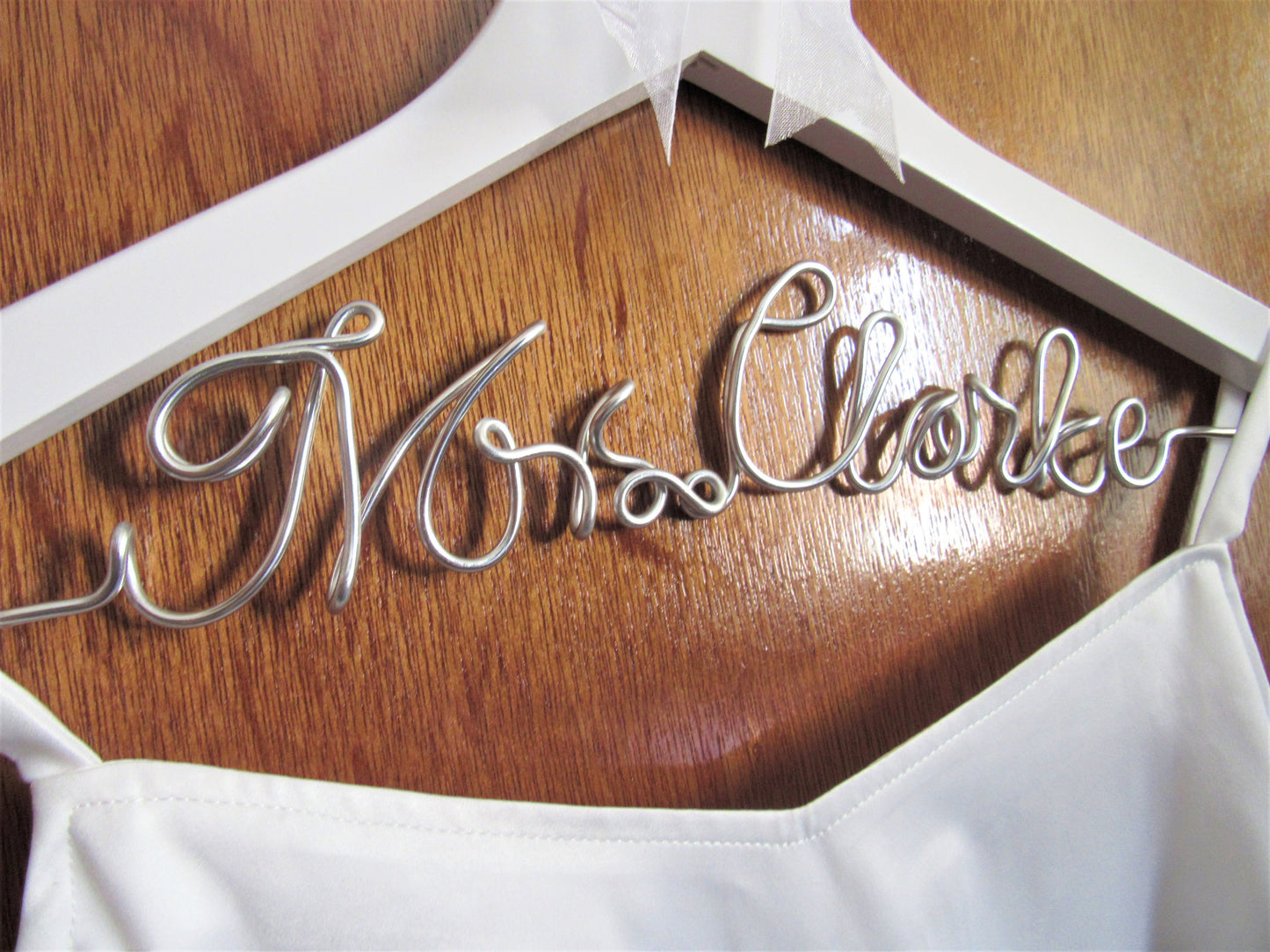 Custom wire words hanger for wedding dress for bride, bridesmaids, groom, and bridal party.