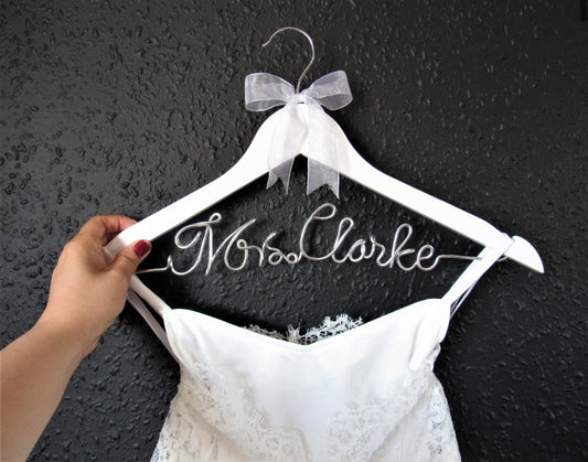 Custom wire words hanger for wedding dress for bride, bridesmaids, groom, and bridal party.