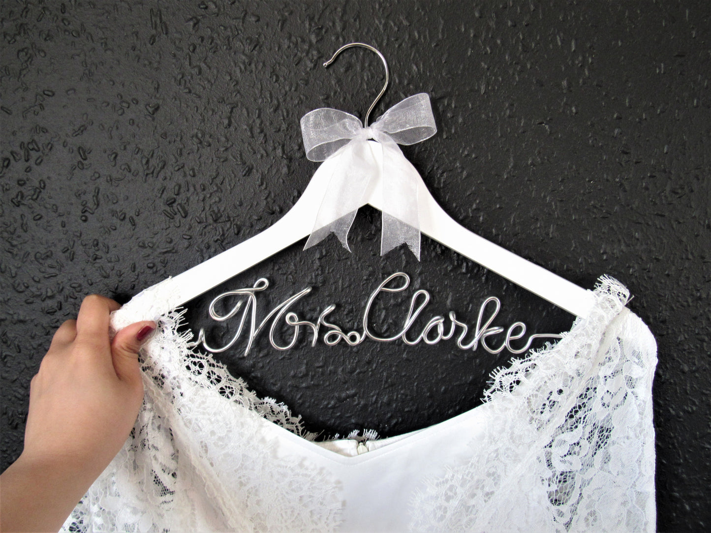 Custom wire words hanger for wedding dress for bride, bridesmaids, groom, and bridal party.