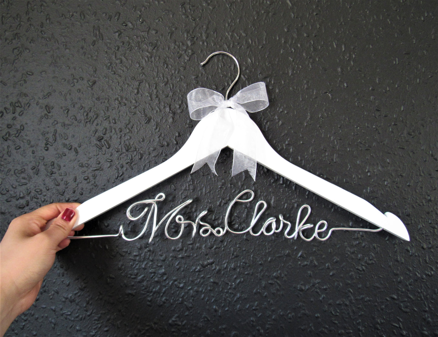Custom wire words hanger for wedding dress for bride, bridesmaids, groom, and bridal party.