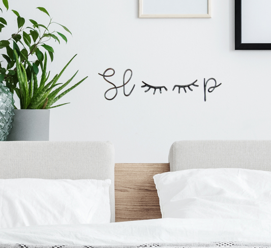 Sleep wire art sign above bed decor with eyelashes